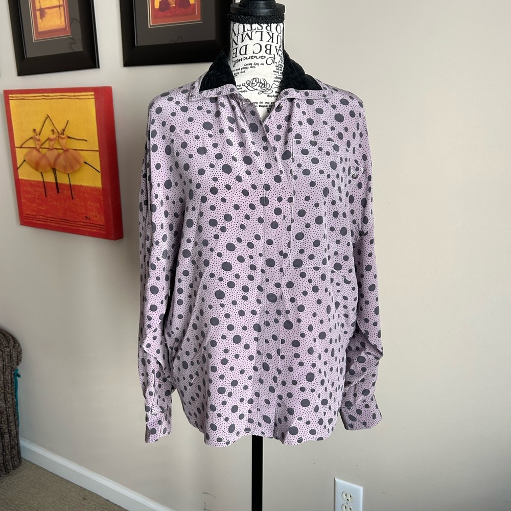 Versace Vintage Lavender and Grey Polka Dot Blouse.
